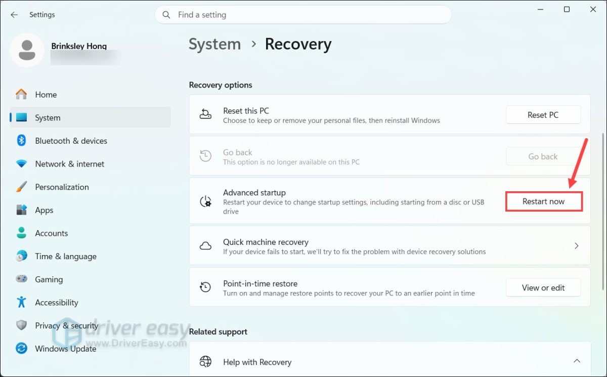 Windows settings advanced startup