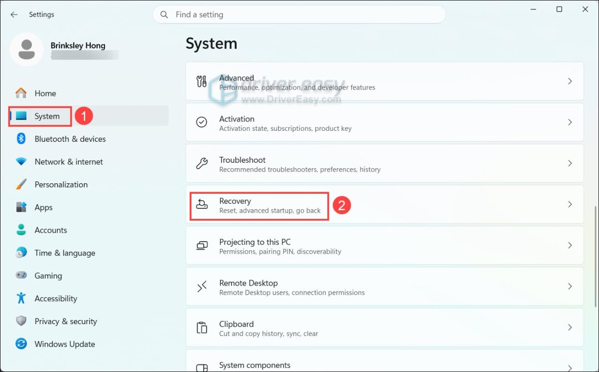 windows settings system recovery
