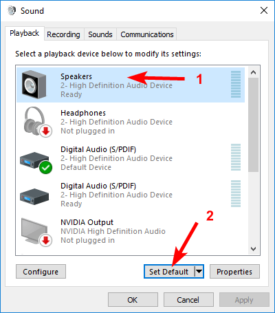 Set default speakers Windows 10