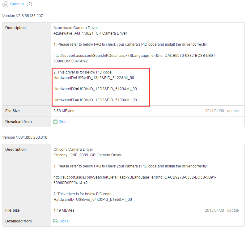 asus chicony camera driver