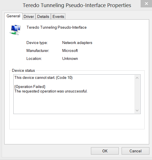 microsoft teredo tunneling adapter driver error