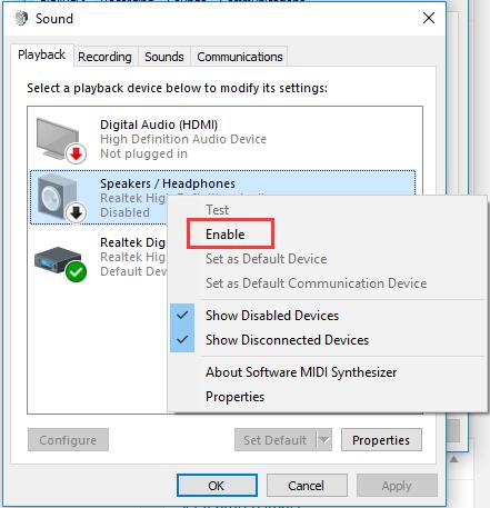 subwoofer not working windows 10