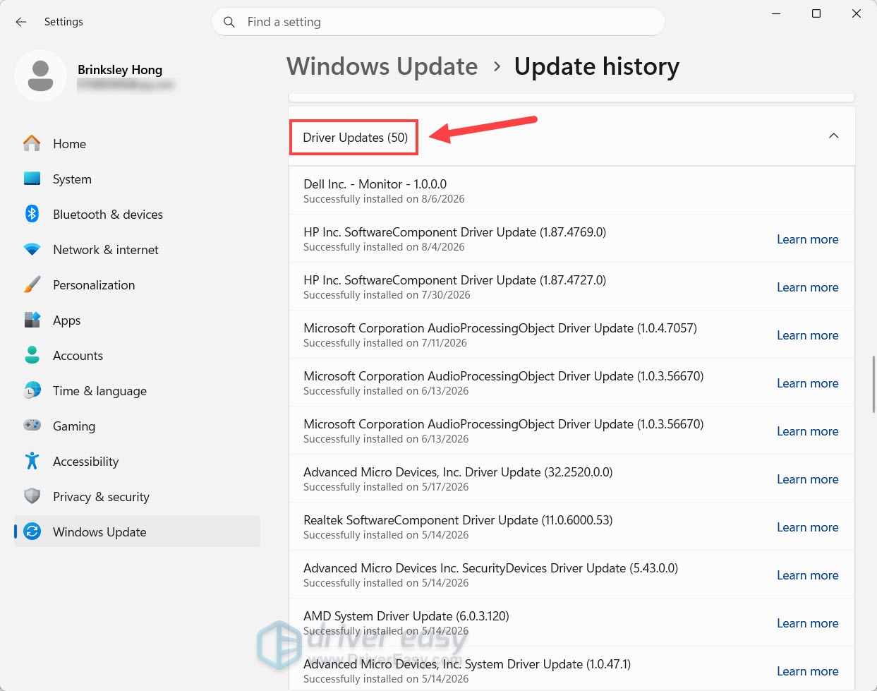 check driver update history in windows settings