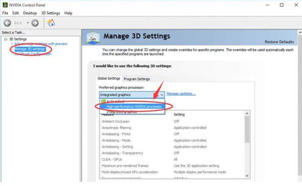 nvidia manage 3d settings preferred graphics processor