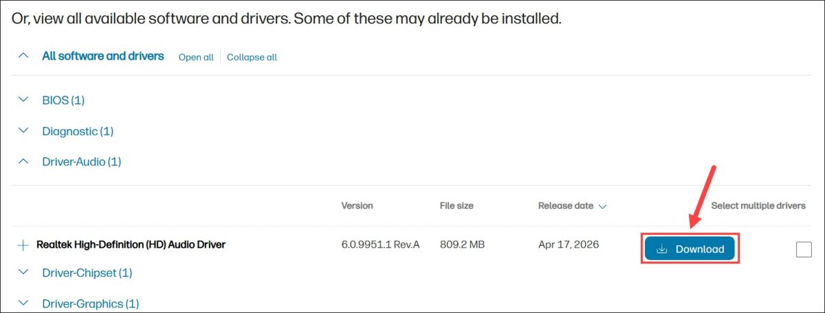 download audio driver manually from hp website