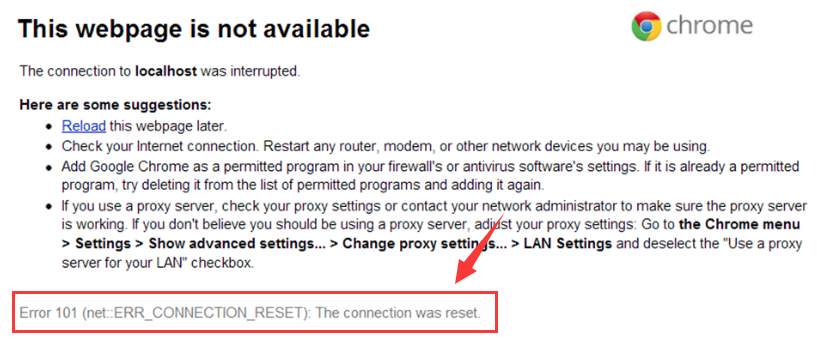 the connection was reset. chrome