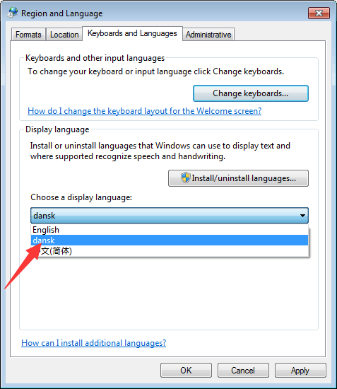 windows 7 change default language to english