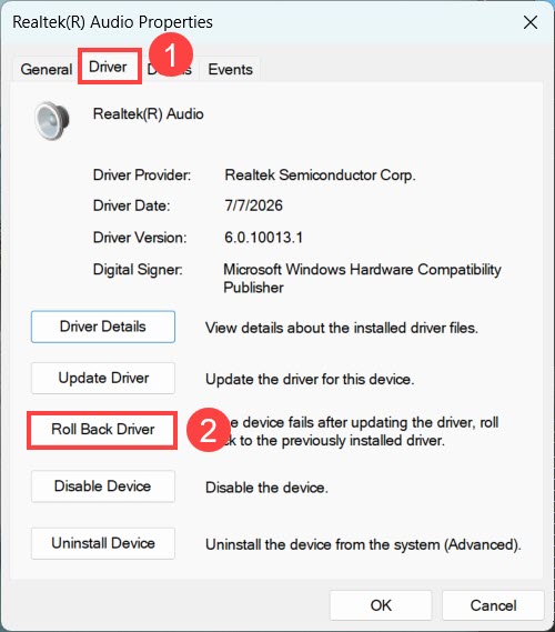 roll back audio driver in windows device manager