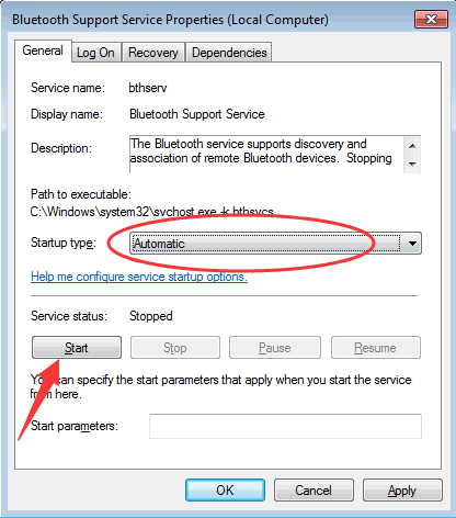 błąd uruchamiania usługi sterty bluetooth w systemie Windows 7