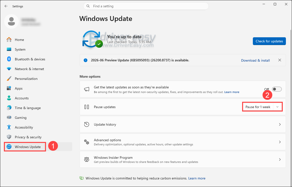 pause windows update to prevent windows update drivers
