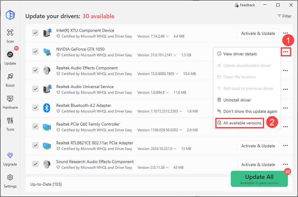 use driver easy to roll back nvidia graphics driver