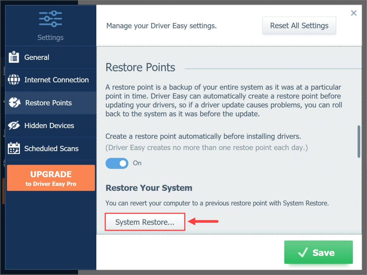 Driver Easy Free Settings Restore Restore your system