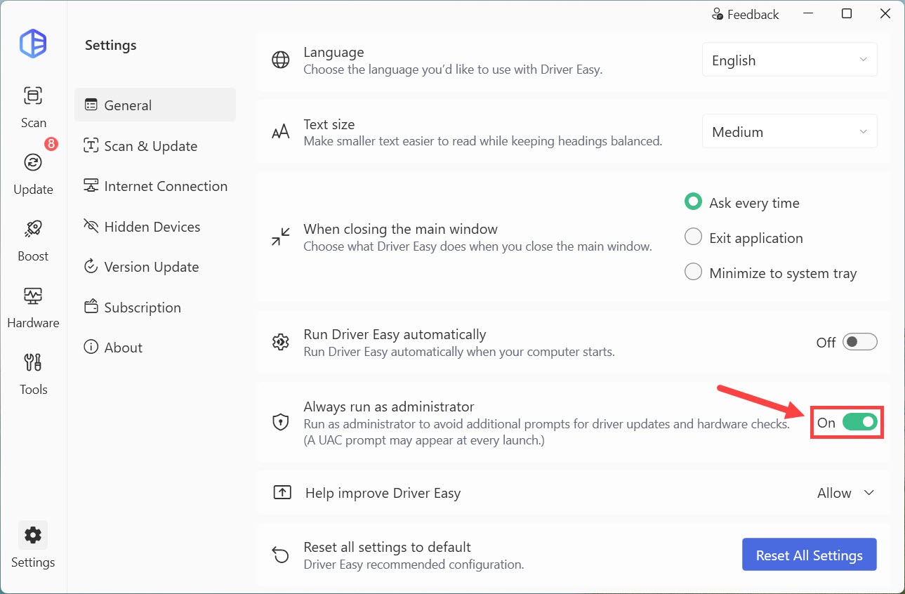 driver easy settings always run as administrator