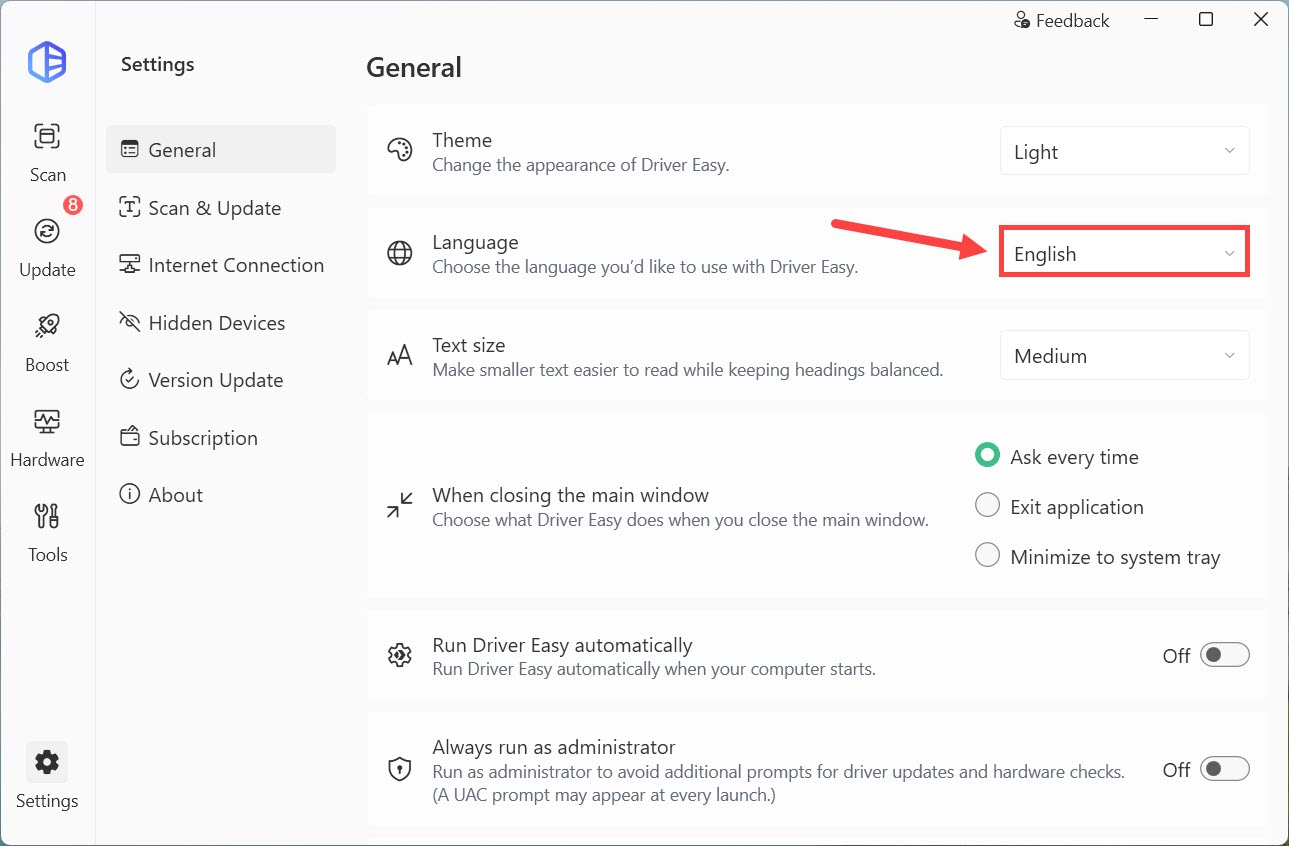 driver easy settings choose display language
