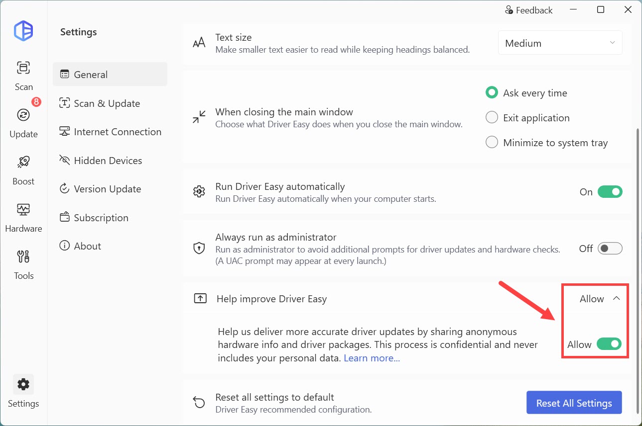 driver easy settings Help improve Driver Easy