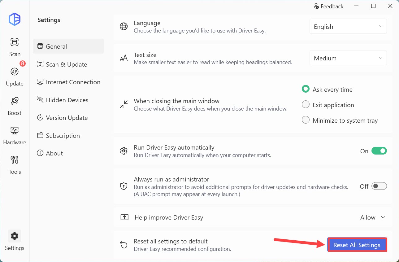 driver easy settings reset all settings