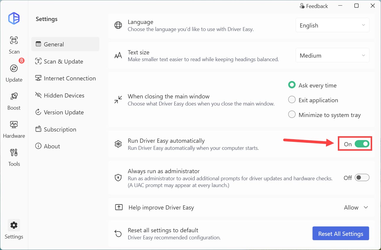 driver easy settings run automatically