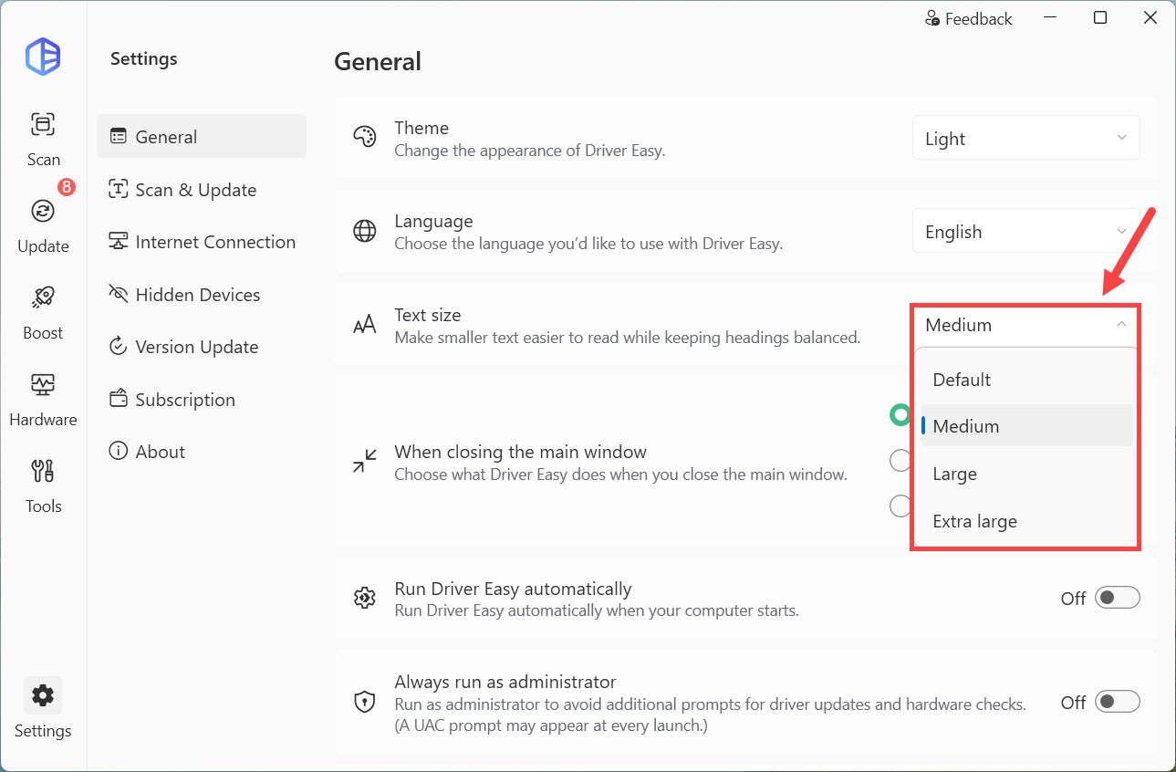 driver easy settings text size