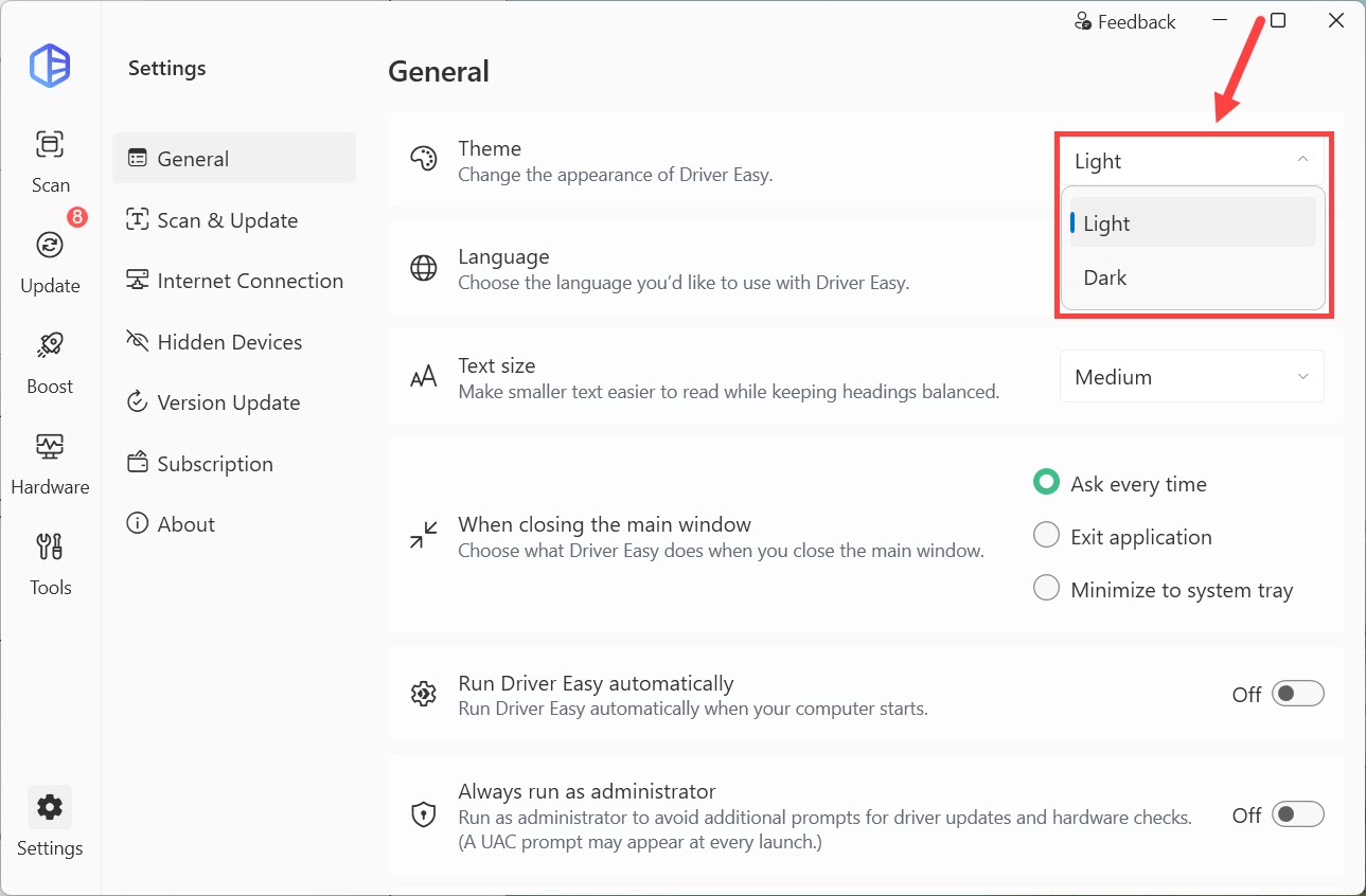 driver easy settings theme selection