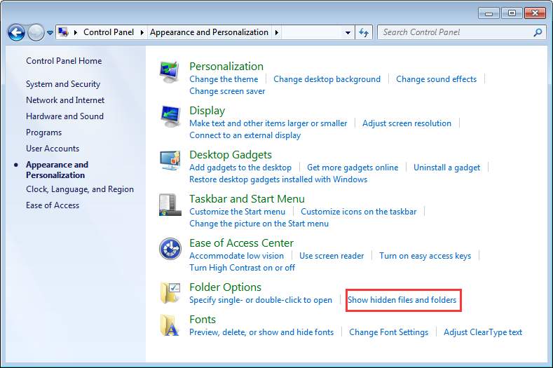 display windows 7 hidden files folder