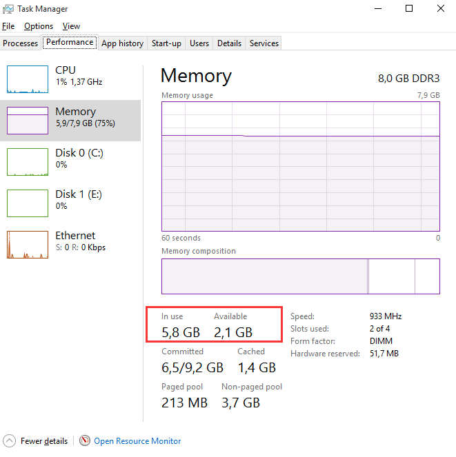 windows 설치 관리자 시스템 메모리 사용량 높음