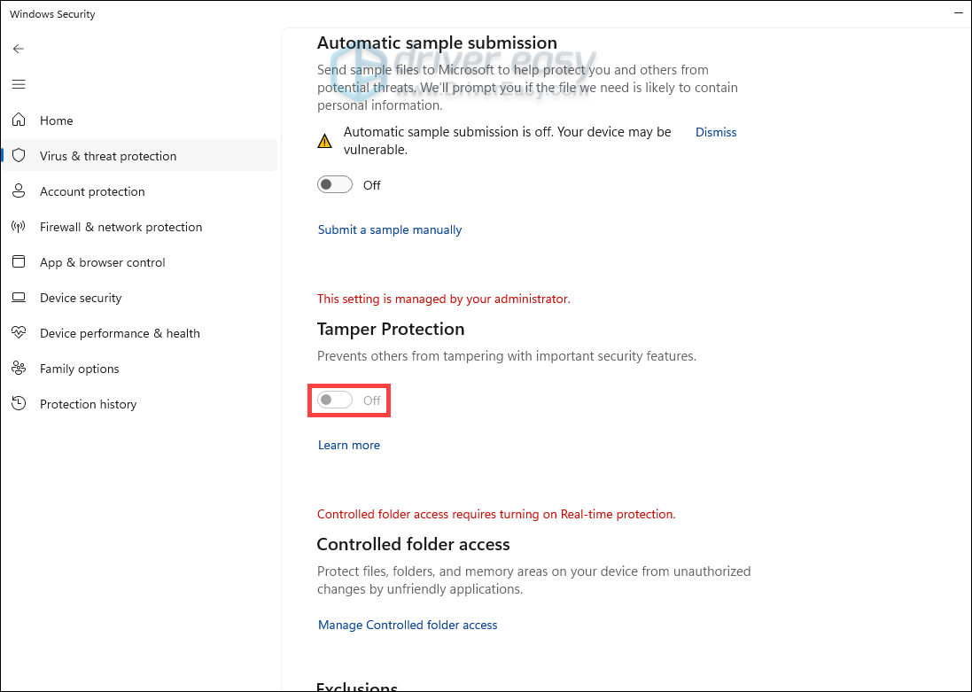 turn off tamper protection to update microsoft defender signatures