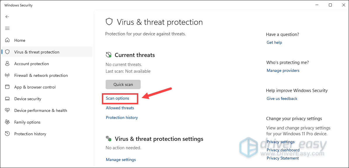 virus and threat protection scan options