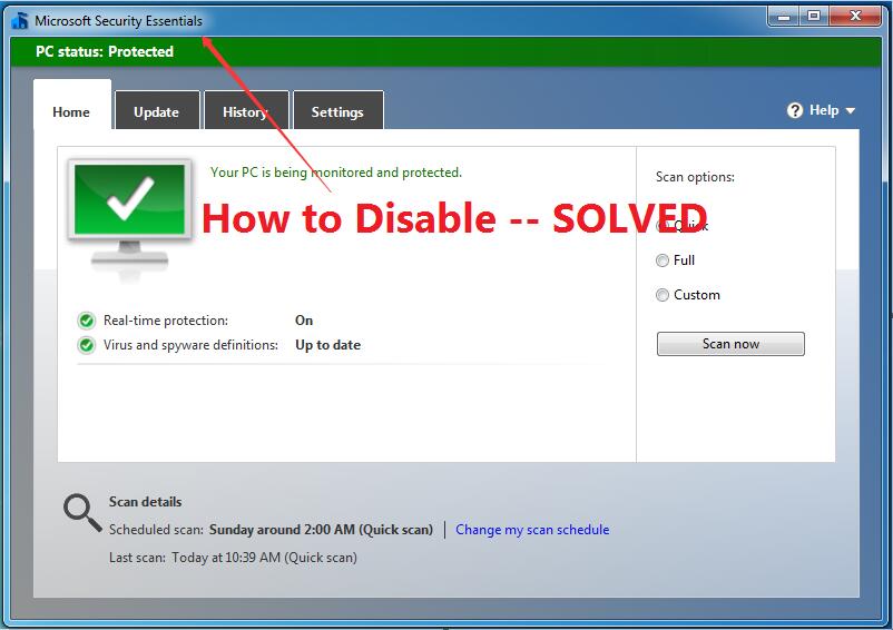 how to turn off microsoft security essentials