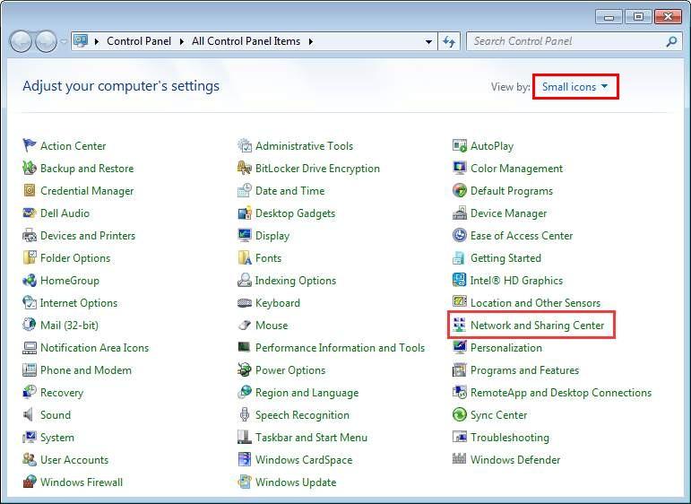 Control panel network and sharing center