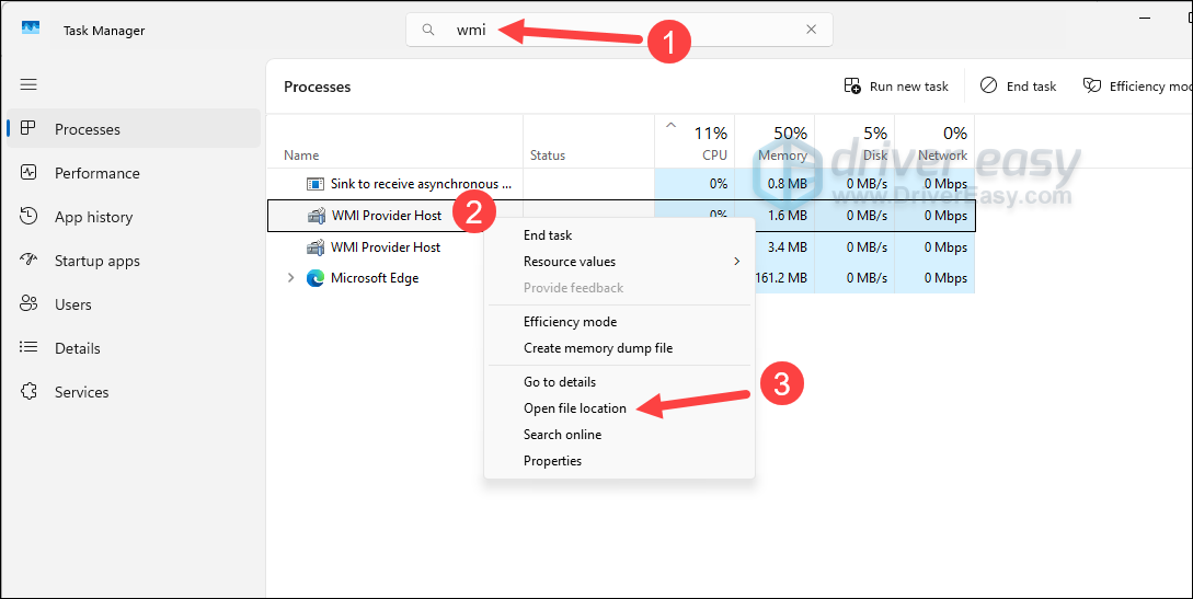 check wmi host provider file location windows task manager