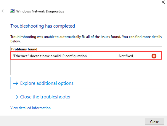 ethernet doesnt have a valid ip configuration windows 10 upgrade