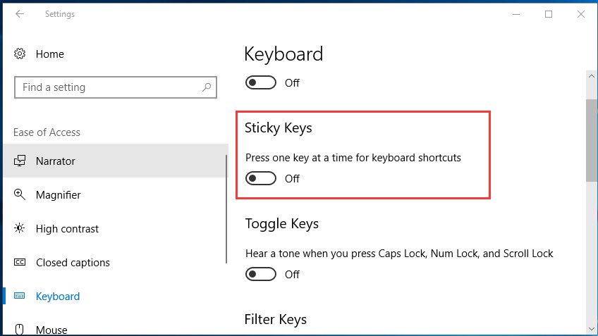 turn off sticky keys notification windows 10