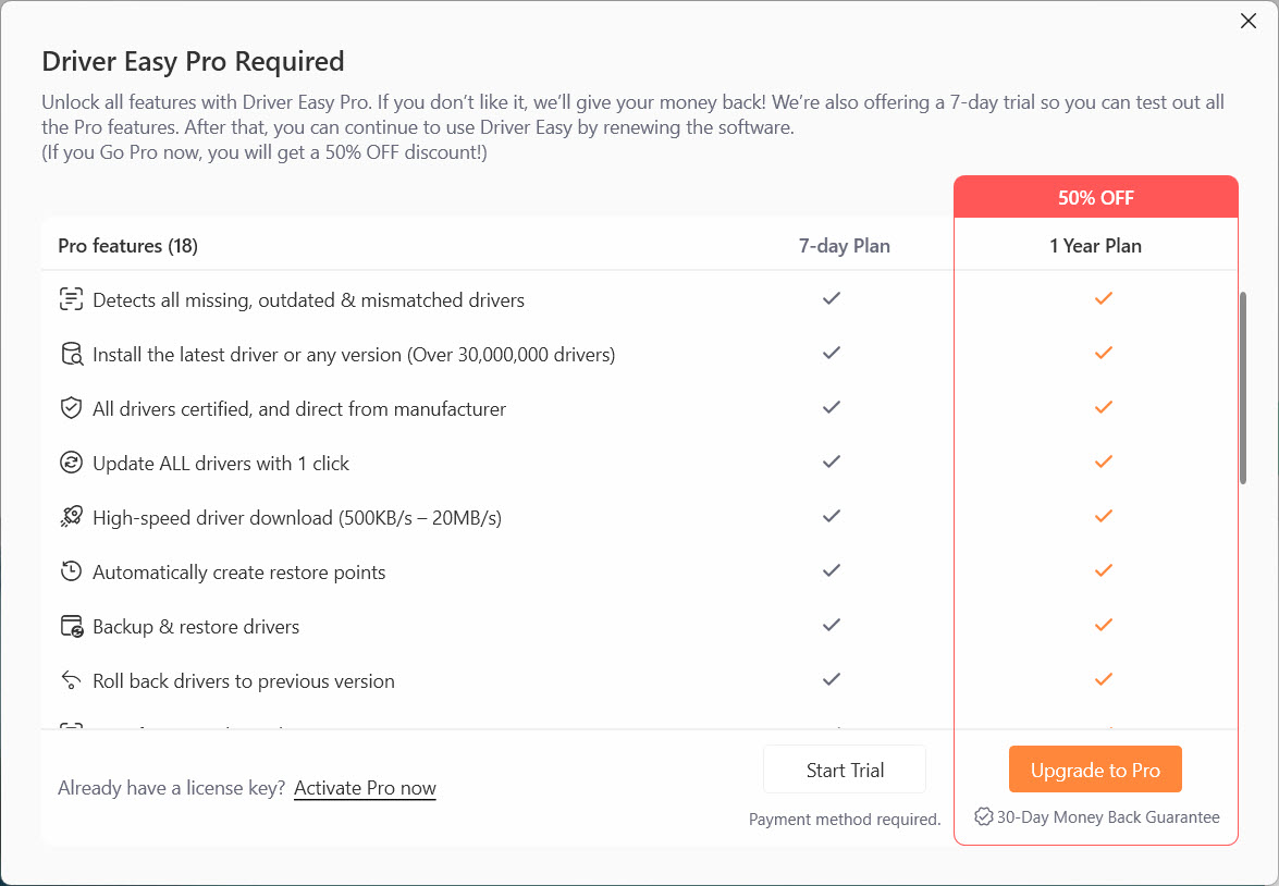 driver easy free trial vs pro version