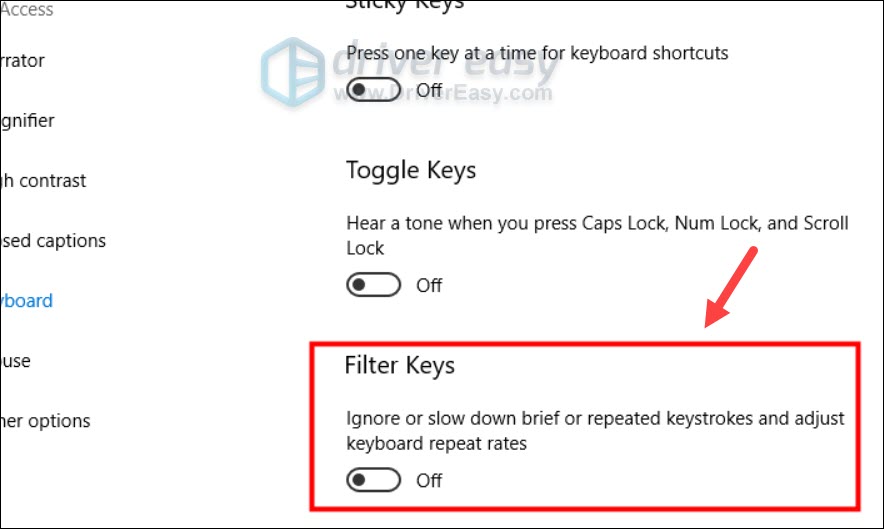 disable filter keys on windows 10