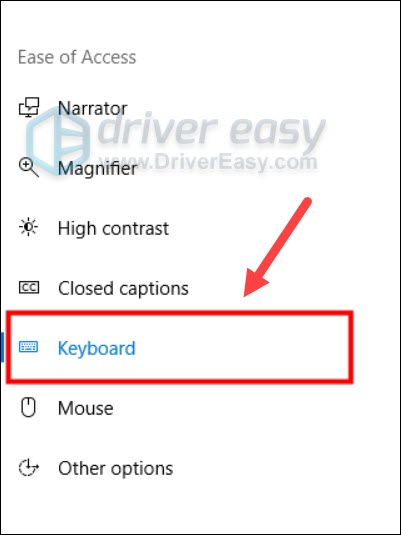 ease of access keyboard setting windows 10