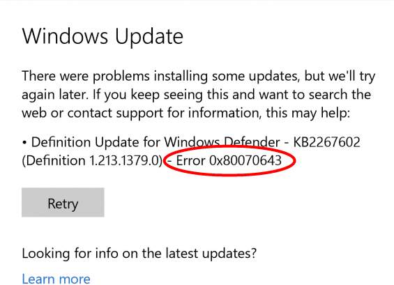 windows update kb2538243 code 643