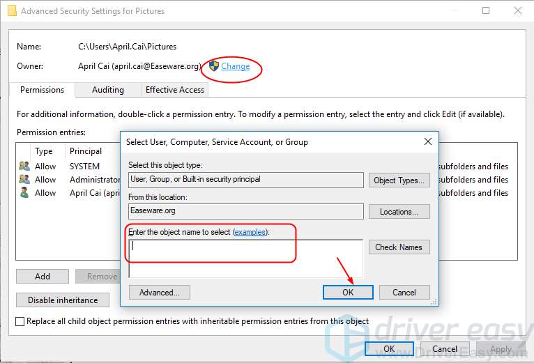 change advanced security settings for folders