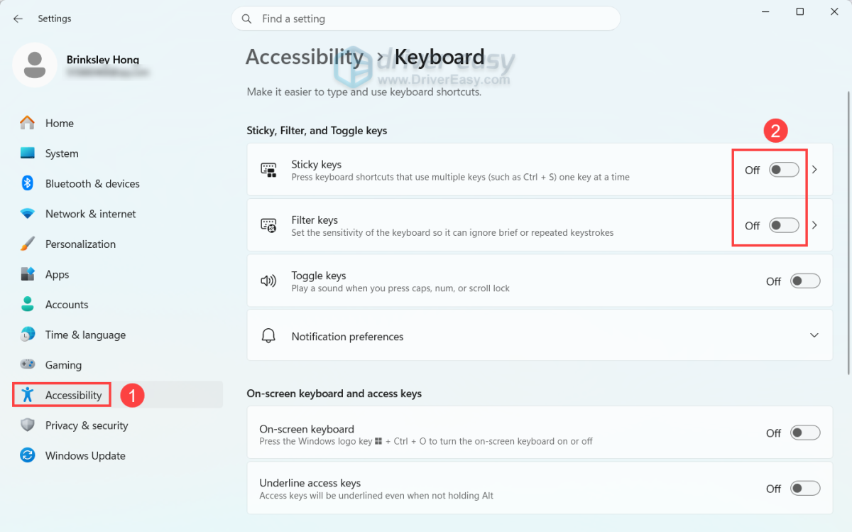 disable sticky keys and filter keys on windows 11