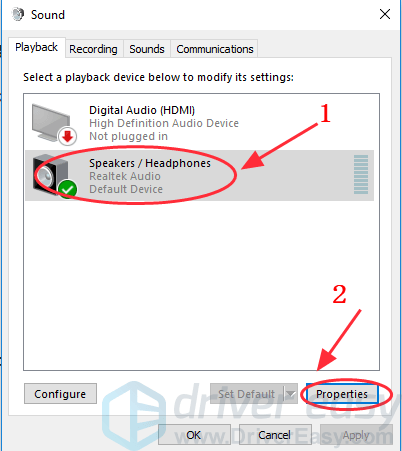 2 select your audio device in the playback tab and click properties - how to fix no sound in fortnite pc