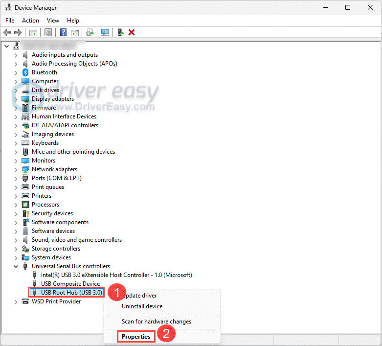 check usb root hub properties in windows device manager