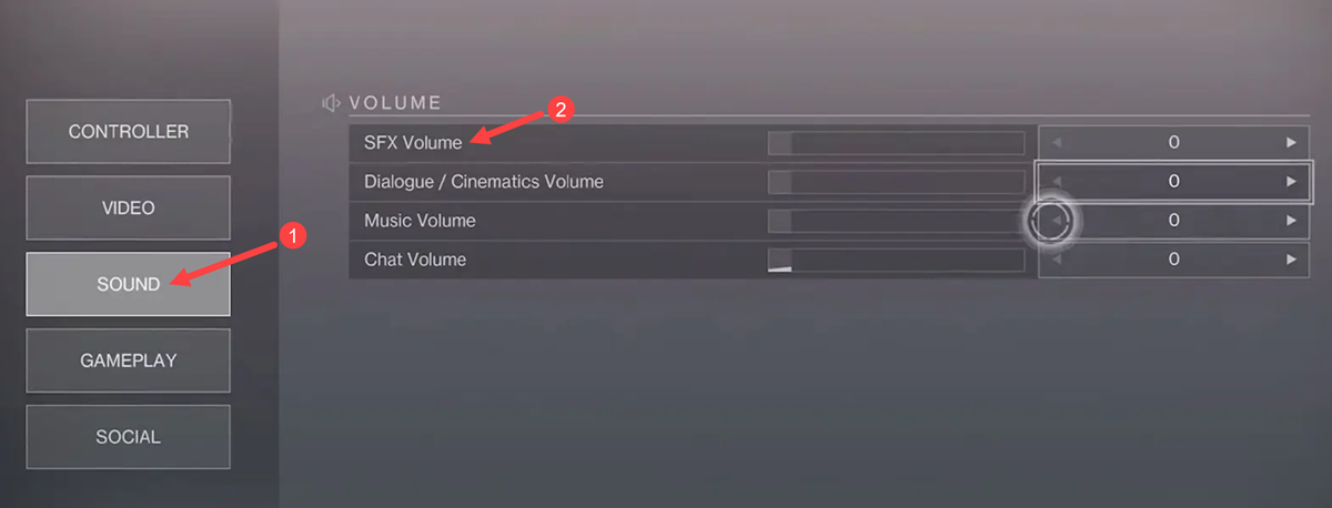 set sfx volume to 0 in destiny 2