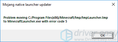 problem moving tmp minecraft launcher error code 5