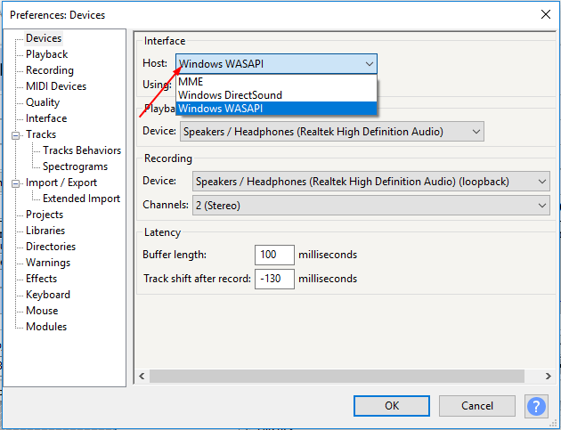 audacity no devices found windows 10