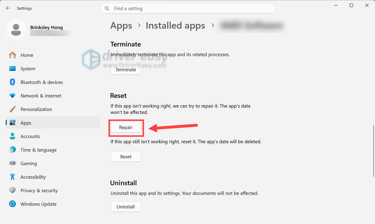 repair app in windows app settings