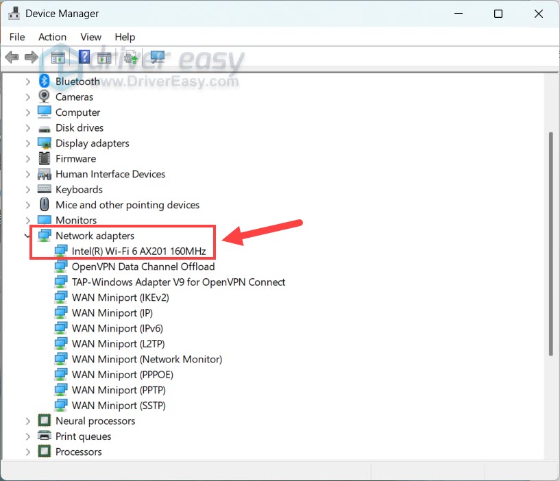 check intel network adapter in device manager windows
