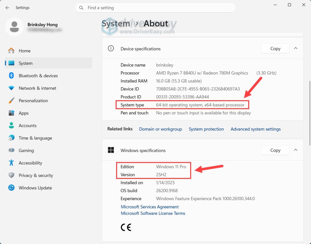 check windows version on windows settings
