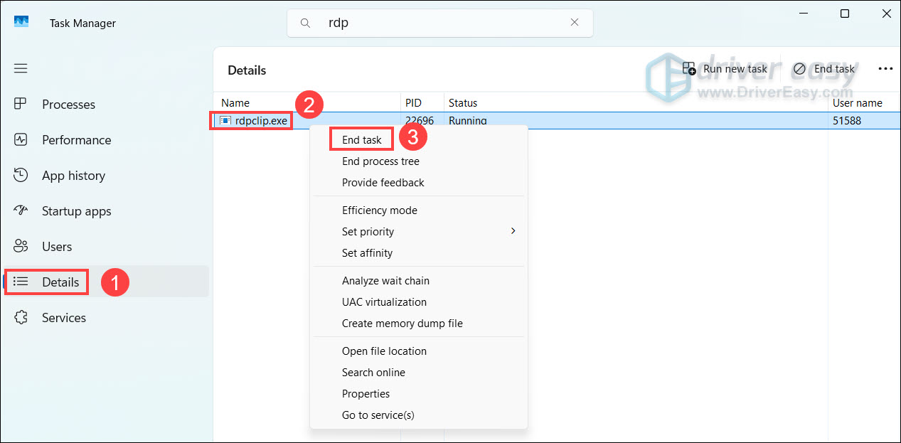 Restart rdpclip.exe to fix Remote Desktop copy and paste problem