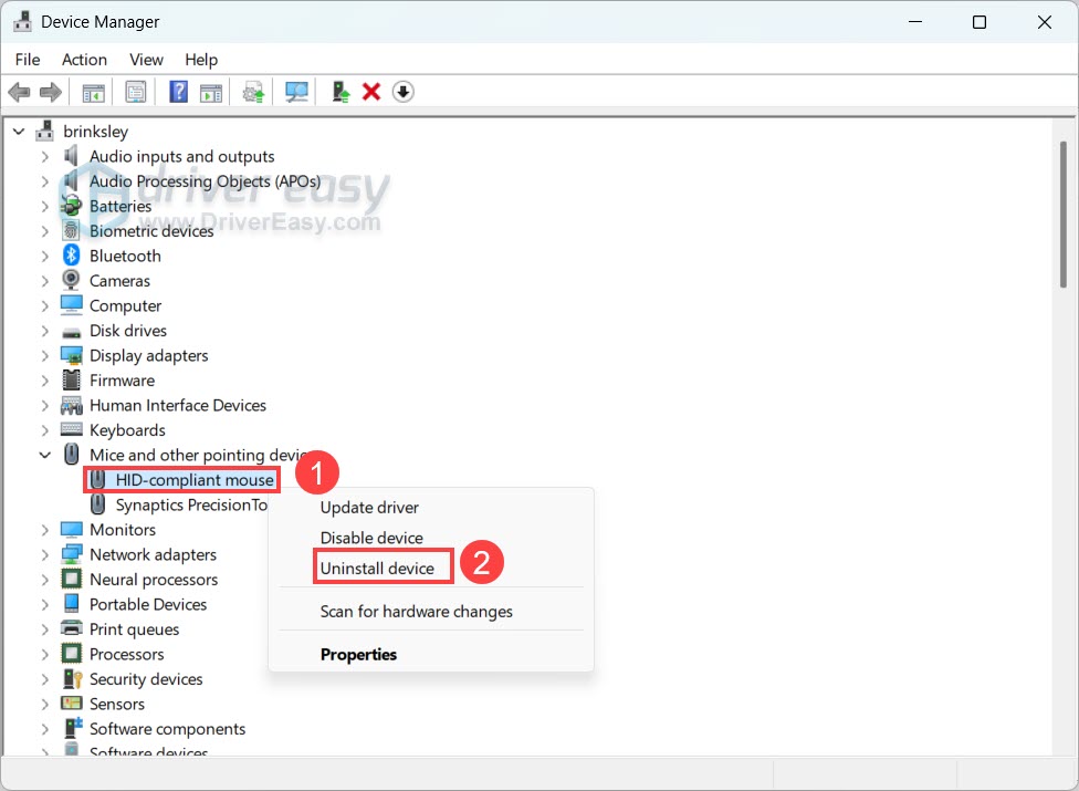 uninstall hid-compliant mouse in device manager