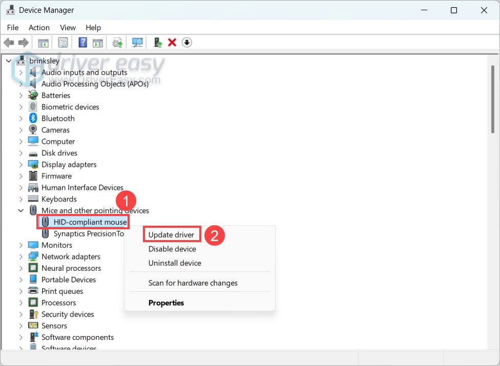 update hid-compliant mouse driver in device manager