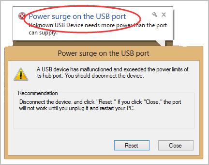 notificación de error de subida de tensión en el puerto USB